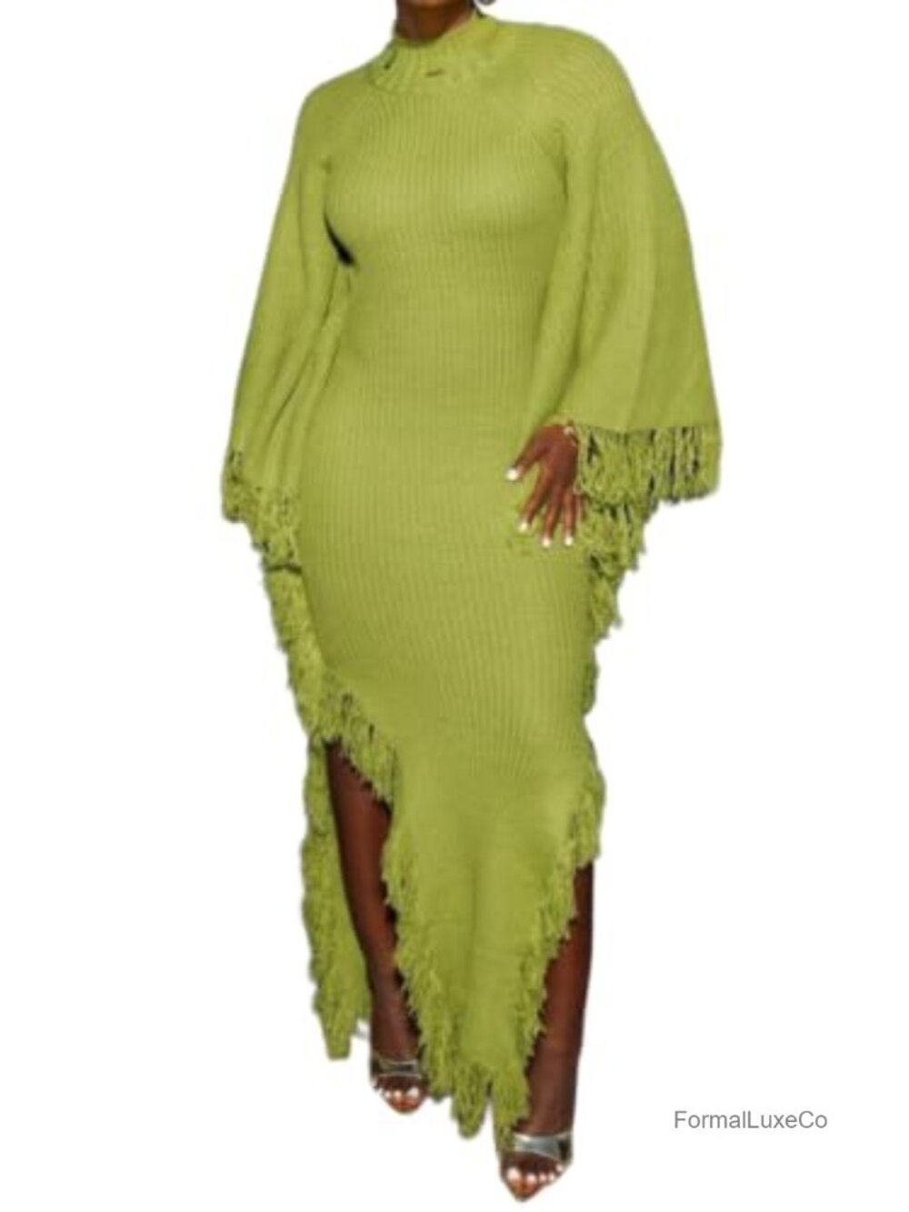 Fringe Batwing Sweater Dress Mock Neck High Slit Midi